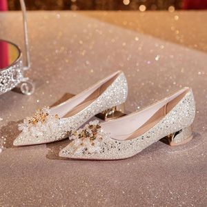 Escarpins pour femmes 3333D-021 à bout pointu, talon carré, strass, chaussures de mariée confortables, talon bas 3cm 5cm, doublure satinée, semelle PU - Product Image 1
