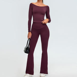 Nieuwe Herfst Winter One-Shoulder Slim-Fit Lange Mouwen Stevige Voorkant Anti-Bacteriële Yoga Pak Vrouwen Wijde Pijpen Licht Uitlopende <span class=keywords><strong>2</strong></span>-delige - Product Image 6