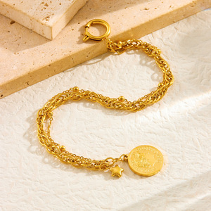 European American Style Retro Unisex Gold Plated Stainless Steel Coin Star Pendant Necklace <b>Bracelet</b> <b>Set</b> Gift - Product Image 2