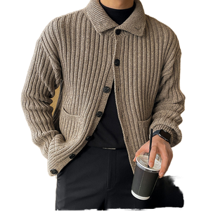 Men's Knitted Cardigan Solid Color Ribbed Long Sleeve Button Front Autumn Sweater Anti-Pilling Breathable - Product Image 1