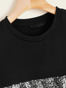 Top qualità con pannello di <span class=keywords><strong>paillettes</strong></span> twin Top T Shirt Top <span class=keywords><strong>paillettes</strong></span> girocollo elasticizzato Casual nero <span class=keywords><strong>paillettes</strong></span> T-Shirt da donna - Product Image 5