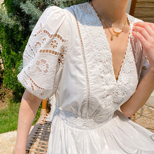 Robe d'été pour femme, style basique, col en V, manches courtes, broderie ajourée, style petite robe française, collection <span class=keywords><strong>Southern</strong></span> French Vacation, articles divers - Product Image 4