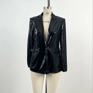 Veste de blazer ample noire pour femmes, vente en gros personnalisée, fermeture à un bouton à sequins solides pour les réunions de printemps - Product Image 1