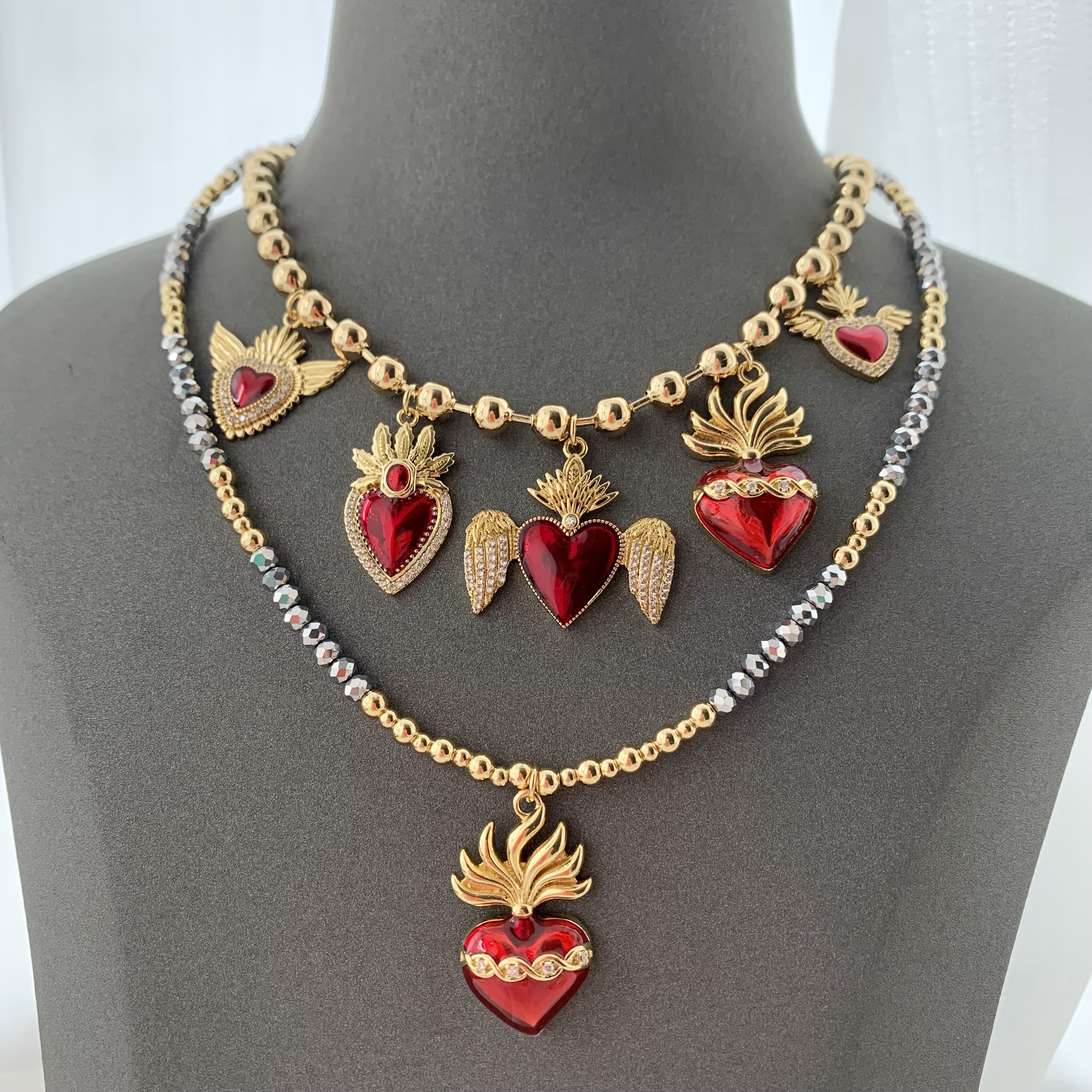 ハート型ネックレス LS-L3336卸売赤神聖ハートネックレスマルチチャームボール