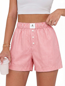 Shorts de Algodón a Rayas de Cintura Alta para Mujer con Cierre de Botones, Estilo Casual, Color Blanco - Product Image 1