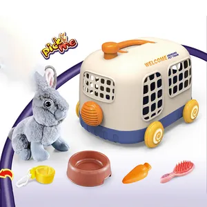 Juego de simulación de mascotas para niños, juguete de conejo de peluche pequeño gris, muñeco suave con jaula de autobús