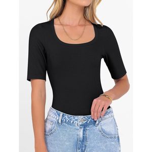 FOXA Haut en tricot côtelé pour femme, manches mi-longues, col rond, coupe ajustée, t-shirt basique, tenue décontractée d'été - Product Image 2