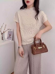 Women's Textured Floral Embossed 3D Flower <b>Top</b> Short Sleeve <b>Mock</b> <b>Neck</b> Casual Blouse T-Shirt Fashion - Product Image 3