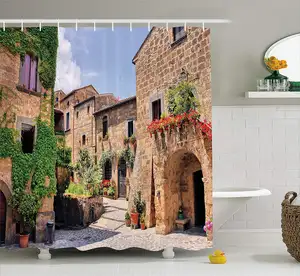 टस्कन सजावट शावर परदा भूमध्य स्ट्रीट इतालवी शहर में घरों के साथ हुक के साथ ग्रामीण संस्कृति प्रिंट कपड़े बाथरूम सेट