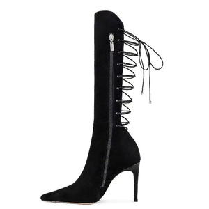 Stylish Solid Suede Women's Long Boots High Heels Pointed Toe Back Lace up Knee High <b>Booties</b> Side Zipper Cut Out Shoes - Product Image 1