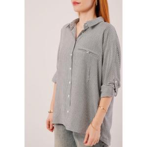 Camisa Casual de Viscosa a Rayas Grises Oversize para Mujer Lustrin con Detalle de Bolsillo Frontal - Blusa Holgada al por Mayor para Damas - Product Image 2