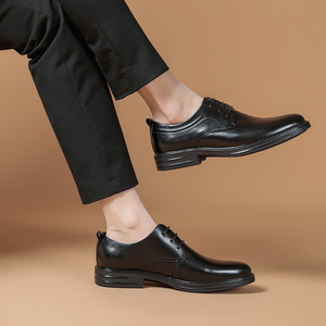 Zapatos Oxford de vestir con punta en pico de cuero genuino negro, suela de goma con cordones, para todas las estaciones, envío directo - Product Image 1