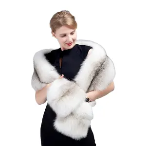 MWFur Fashion Fox Fur Stole Wrap with Pockets Winter Fur Shawl For Lady