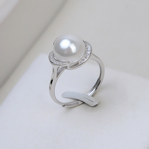 Bague ouverte en argent S925 pour femme avec perle réglable de 9 mm, support d'accessoires DIY, taille 195, bagues à perles - Product Image 1