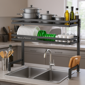 Escurridor de platos de 2 niveles sobre el fregadero, de secado rápido, con soporte para utensilios y almacenamiento para tablas de cortar, para la cocina. - Product Image 3