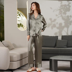 Pijama de satén de seda 100% de peso pesado para mujer 19 Mumi pantalones de solapa lisos de manga larga cintura elástica ropa de casa transpirable para otoño - Product Image 5