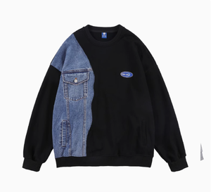 Streetlux High Street Cowboy Splicing Hoodie Hombres Primavera y otoño Nueva tendencia de Hip Hop Diseño suelto Sense All Round Neck Shirt - Product Image 2