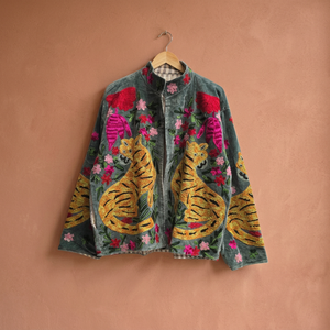 Hand Embroidered Tiger <b>Velvet</b> <b>Jacket</b> Women Mandarin Collar Full Sleeve Open Closure Autumn Boho Style Regular Length Suzani - Product Image 4