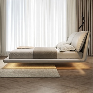 <span class=keywords><strong>Cama</strong></span> <span class=keywords><strong>Suspendida</strong></span> de Cuero de Lujo Minimalista Italiana, <span class=keywords><strong>Cama</strong></span> Doble Acolchada con Almacenamiento para Dormitorio Principal Moderno - Product Image 3