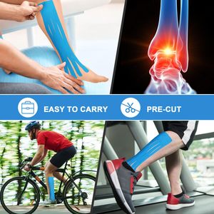 Cinta de Kinesiología <span class=keywords><strong>Pre</strong></span>-cortada de Algodón Azul Sólido en Forma de Abanico, Impermeable, para Uso Médico, <span class=keywords><strong>Entrenamiento</strong></span> Diario, Alivio de Pantorrillas y Parte Inferior de la Pierna - Product Image 2