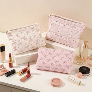 Bolsa de Cosméticos con Estampado de Lazos de Pana, Bolsa de Maquillaje Floral Rosa, Organizador de Artículos de Aseo de Gran Capacidad con Cierre para Mujeres y Niñas - Product Image 4
