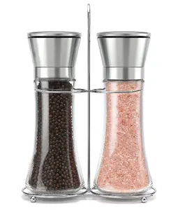caliente Manual sal y pimienta molino de vidrio de acero inoxidable sal y pimienta molinillo con botella de sal titular