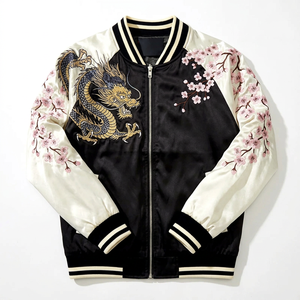 Veste de style chinois pour homme, noire, avec broderie de dragon et de tigre, manches en satin, fermeture éclair - Product Image 3