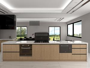 Armoires de cuisine de style épuré, finition brillante, noir et bois, en contreplaqué modulaire en forme de L pour appartement - Product Image 6