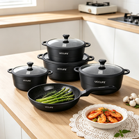 Ensemble de 9 casseroles et poêles en aluminium antiadhésif effet granit noir, poignées résistantes à la chaleur, compatibles induction