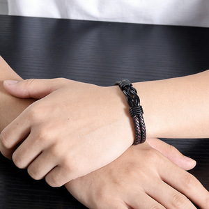 Double Layer Woven Men's <b>Leather</b> <b>Bracelet</b> Brown Stainless Steel Bowknot Gift 7.5 8.5 9 Inches - Product Image 2