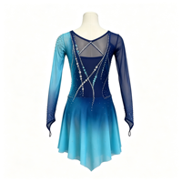 Robe de patinage artistique bleu cyan dégradé avec strass et maille, manches longues, pour enfants et adultes, tenue de performance pour compétition sur glace