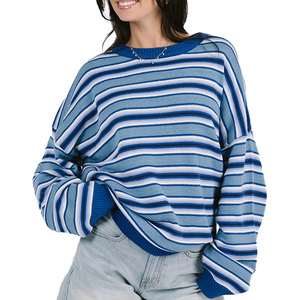 Maglione da <span class=keywords><strong>Donna</strong></span> Personalizzato all'Ingrosso, 100% Cotone, <span class=keywords><strong>Oversize</strong></span> con Collo Tondo, Multi-Strisce, Stile Urbano e Casual Rilassato - Product Image 3