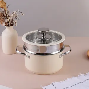 Multipurpose Estilo Japonês Revestimento Cerâmico Colorido Household Kitchen Cookware com nível de água Aço Inoxidável Steamer Pot