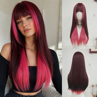 Peluca sintética larga y lisa color rojo vino con flequillo, resistente al calor, venta al por mayor de fábrica, OEM/ODM, personalizada para mujer