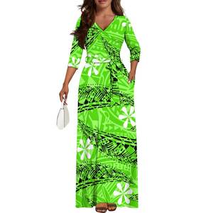 Venta caliente logotipo personalizado samoano estampado polinesio verano 3/4 manga Tie-Up cuello en V cinturones de gran tamaño vestido señoras playa vestido de Graduación - Product Image 2