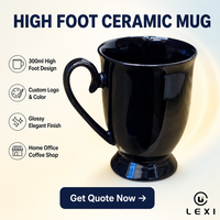 Mug en céramique noir brillant à pied haut 300 ml, base surélevée, corps conique, anse incurvée, logo personnalisé, couleur, pour la maison, le bureau, les cafés, vente en gros