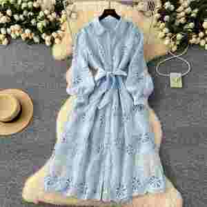 Vestido Midi Casual de Invierno Estilo Hada para Mujer con Manga Linterna, Bordado Imperio y Encaje Calado, Negro y Blanco - Product Image 3