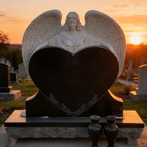 Китайские гранитные памятники из черного гранита в форме сердца, надгробия с резьбой и вазами - Product Image 2