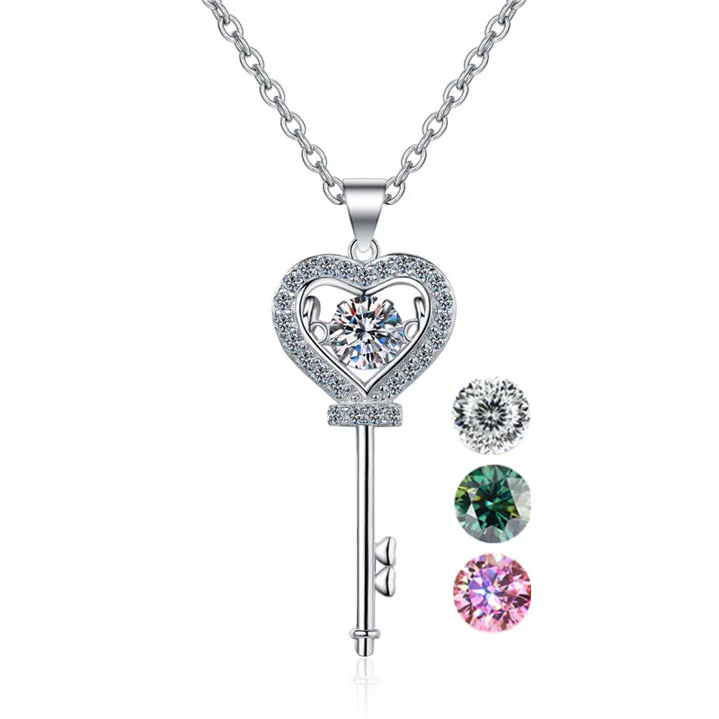 Hot Sale 0.5ct Diamond Heart Key Necklace Trendy Platinum 950 Plated Sterling Silver 925 Necklace For Women