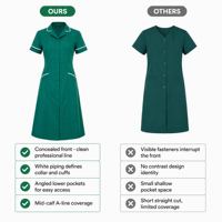 Robe Tunique Infirmière Femme à Manches Courtes avec Passepoil Contrastant, Robe Uniforme Médicale Coupe Évasée à Patte de Boutonnage Discrète, Logo Personnalisé pour Hôpital