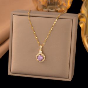 Collier tendance pour femme avec pendentif géométrique en zircon violet, chaîne de clavicule en acier inoxydable plaqué or rose pour anniversaire - Product Image 2