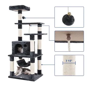 Rascador para gatos de fábrica, árbol para gatos de varios niveles de 143 cm de alto con <span class=keywords><strong>4</strong></span> postes para rascar, 2 plataformas, hamaca, cueva - Product Image 2