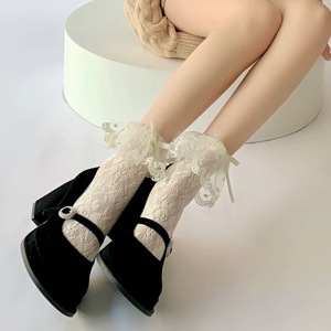 Lace <b>Socks</b> Women Mid Calf Milky White Cotton Breathable Anti Slip Fairy White <b>Black</b> Solid Color Youth 18 40 Years Old - Product Image 1