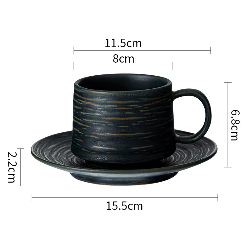 Modern çömlek kabartmalı batı kumtaşın fincan ve çay tabağı seti seramik kumtaşın kupa seti