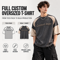 T-shirt personnalisé vintage délavé à blocs de couleur avec manches raglan pour homme, logo en relief, idéal pour les marques de streetwear et la vente en gros de vêtements