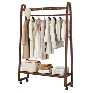 Solid Wood Coat Rack Floor <b>Standing</b> With Wheels For Bedroom And Home Use Minimalist Design Modern Appearance Portable Storage - Product Image 5