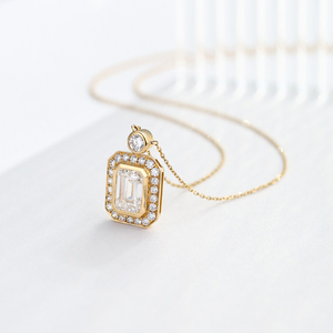 SGARIT Women's Trendy Custom 18K Gold Lab Grown Diamond <b>Necklace</b> VS <b>D</b> 2ct IGI Certificate Emerald Cut Halo Octagonal Bezel - Product Image 2