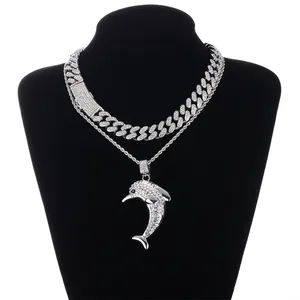 횡포 동물 보석 액세서리와 유행 풀 다이아몬드 합금 돌고래 쿠바 체인 펜던트 목걸이 세트