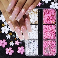 6Grid 3D Campuran Akrilik Pink Putih Hiasan Kuku Bunga Kecil Dengan Manik-Manik Emas Perak Kawaii Resin Dekorasi Kuku Fashion DIY