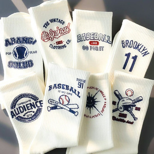 White Crew <b>Socks</b> Baseball Print Cotton Breathable Casual Adults Spring Knitted <b>Socks</b> - Product Image 3